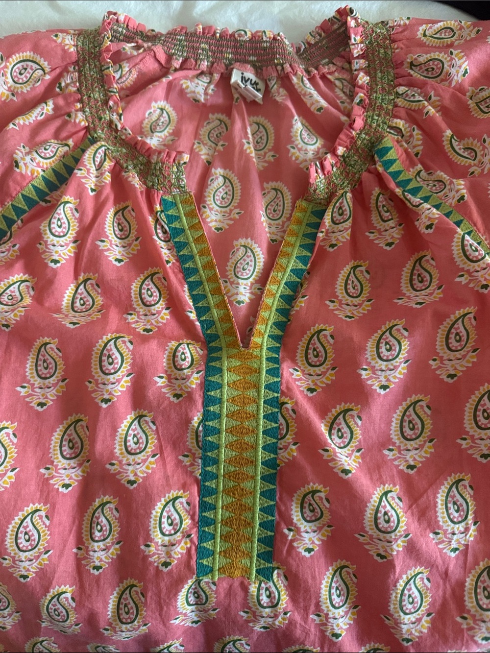 ivy jane Coral Paisley Split-Neck Tunic with Green & Gold Trim